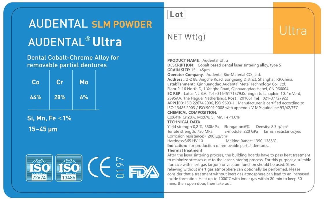 Audental Ultra SLM Powder Materiał CoCrMo do CE FDA IdentAlloy Certyfikowany Dental 3D Metal Printing